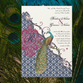 Eleganten Damask Peacock Bröllop Inbjudningar