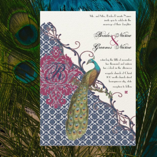 Eleganten Damask Peacock Bröllop Inbjudningar (Skapare uppladdad)