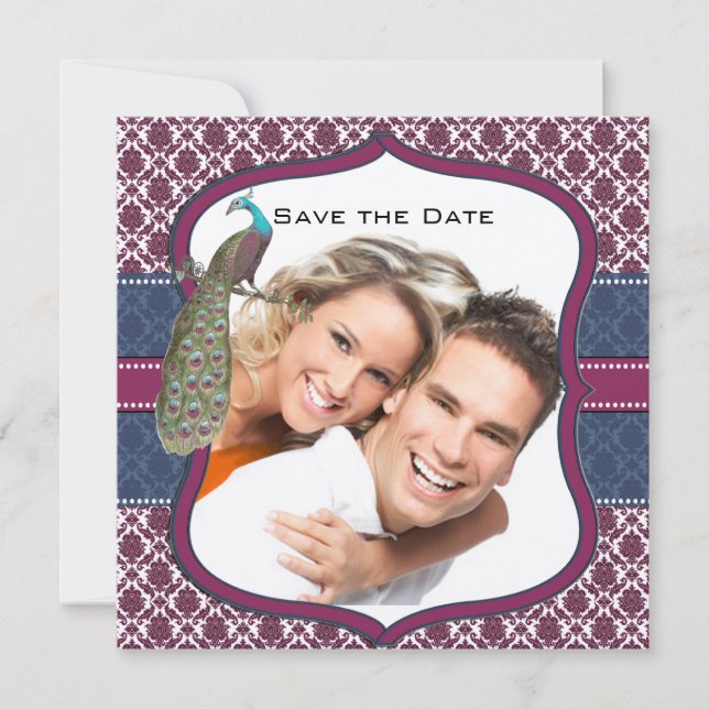 Eleganten Damask Peacock Bröllop Inbjudningar (Framsida)