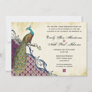 Eleganten Damask Peacock Bröllop Inbjudningar