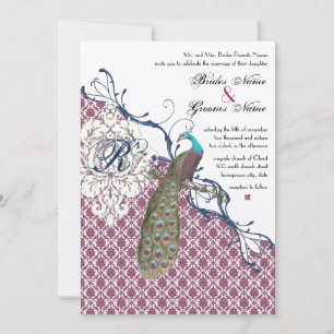 Eleganten Damask Peacock Bröllop Inbjudningar