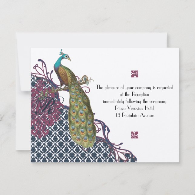 Eleganten Damask Peacock Bröllop Inbjudningar (Framsida)