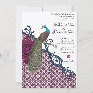 Eleganten Damask Peacock Bröllop Inbjudningar