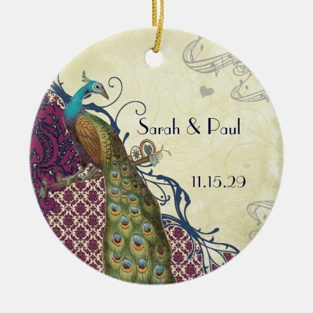 Eleganten Damask Peacock Bröllop Julgransprydnad Keramik (Framsidan)