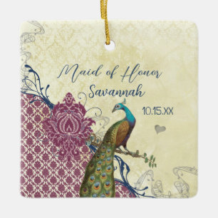 Eleganten Damask Peacock Bröllop Julgransprydnad Keramik
