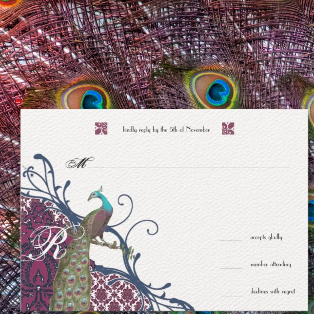 Eleganten Damask Peacock Bröllop OSA Kort (Skapare uppladdad)