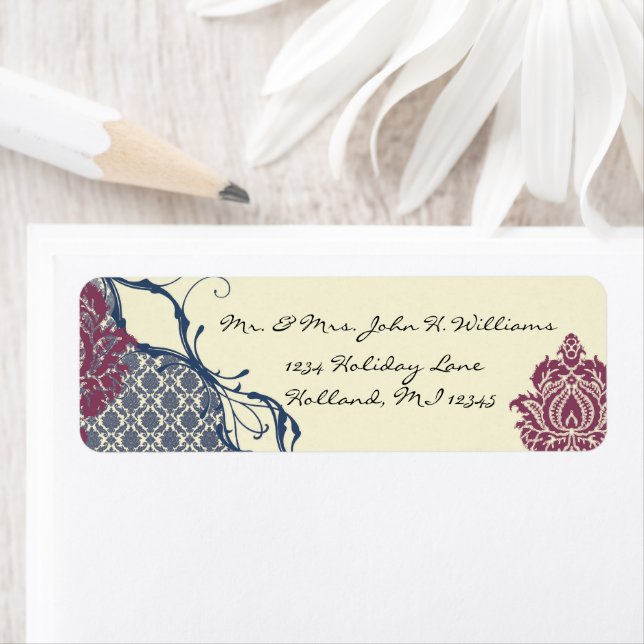 Eleganten Damask Peacock Bröllop Returadress Etikett (Insitu)