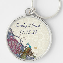 Eleganten Damask Peacock Bröllop Rund Silverfärgad Nyckelring