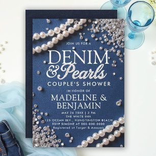 Eleganten Denim Diamonds Pearls Typ Ett duschar Inbjudningar