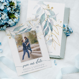 Eleganten Dusty Blue Blommigt Foto Bröllop Spara Datumet