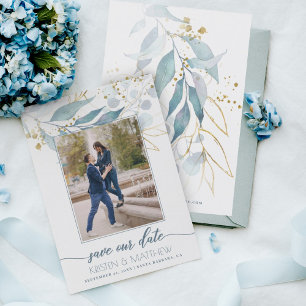 Eleganten Dusty Blue Blommigt Foto Bröllop Spara Datumet