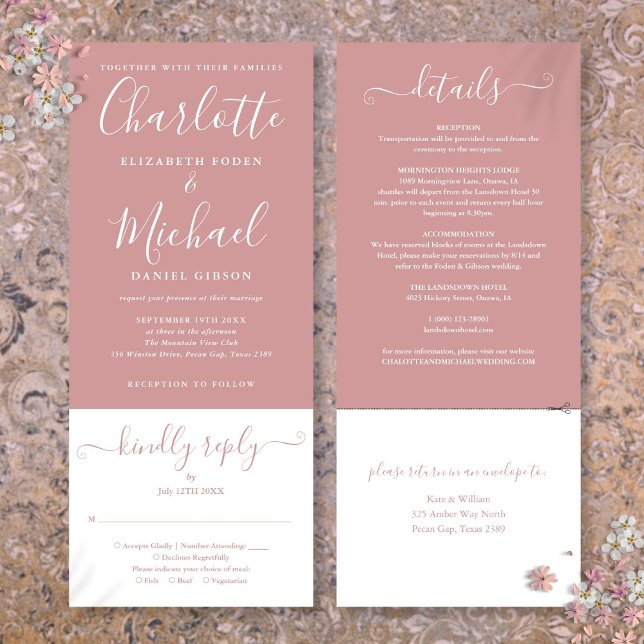 Eleganten Dusty Ro skript allt på en Bröllop Inbjudningar (Dusty Rose Elegant Script All In One Wedding Invitation)