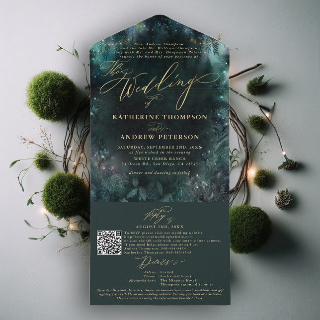 Eleganten "Echanzed Forest Fairy Woodland Emerald" (enchanted forest trifold all in one wedding invitation gold calligraphy emerald fairy woodlands)