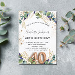 eleganten Eucalyptus greenery glitter Inbjudningar<br><div class="desc">För en 40-årsdag i party. En vit bakgrund som dekorerats med eukalyptus greenery och gyllene löv. Golden Faux glitter-fläckar. Anpassa och lägg till information om namn och bröllop. Svart och guldfärgad färgad brev. Teckennummer 40 skrivs med stil som ballong. Baksida: vit bakgrund och gyllene faux glitter-prickar</div>