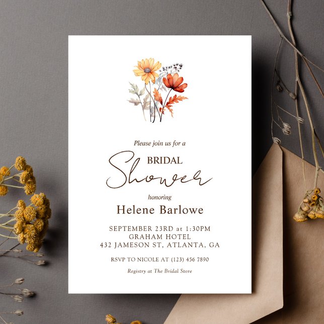 Eleganten Fall för Wildblommans vattenfärg, Möhipp Inbjudningar (Wildflower Watercolor Elegant Fall Bridal Shower Invitation)