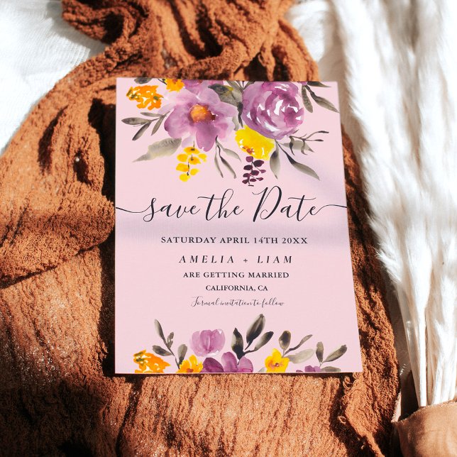 Eleganten faller vintertid lila blommigt spara dat datumet (Elegant fall winter purple floral save the date on pink)