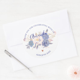 Eleganten Faux Vellum Blue Blommigt Bröllop Runt Klistermärke