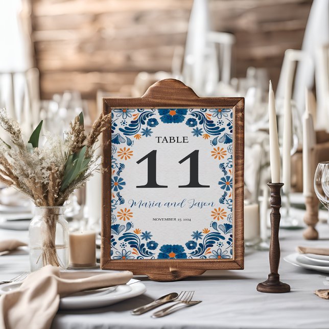 Eleganten Fiesta Bröllop i den mexikanska Blommigt Bordsnummer (Mexican Blue Orange Floral Elegant Fiesta Wedding Table Number)