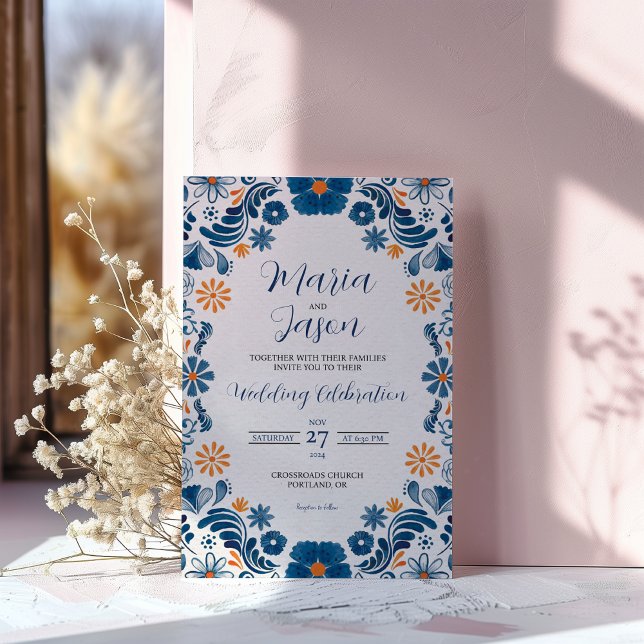 Eleganten Fiesta Bröllop i den mexikanska Blommigt Inbjudningar (Mexican Blue Orange Floral Elegant Fiesta Wedding Invitation)