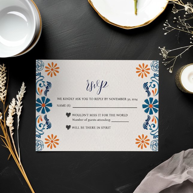 Eleganten Fiesta Bröllop i den mexikanska Blommigt OSA Kort (Mexican Blue Orange Floral Elegant Fiesta Wedding RSVP Card)