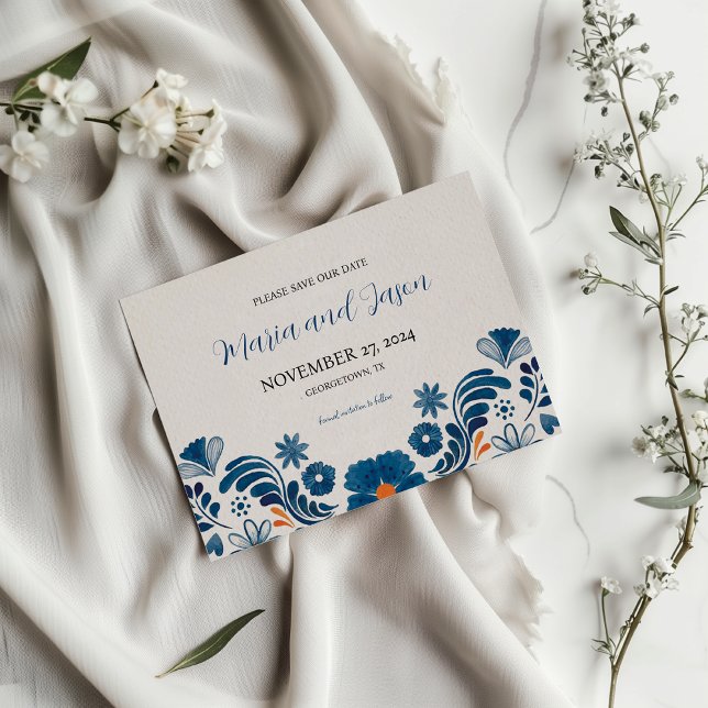 Eleganten Fiesta Bröllop i den mexikanska Blommigt Spara Datumet (Mexican Blue Orange Floral Elegant Fiesta Wedding Save The Date)