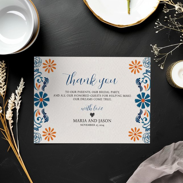 Eleganten Fiesta Bröllop i den mexikanska Blommigt Tack Kort (Mexican Blue Orange Floral Elegant Fiesta Wedding Thank You Card)