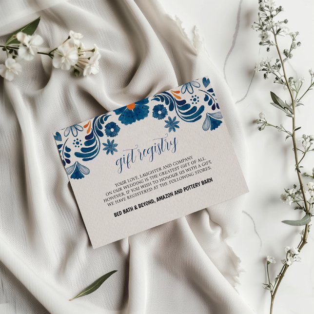 Eleganten Fiesta Bröllop i den mexikanska Blommigt Tilläggskort (Mexican Blue Orange Floral Elegant Fiesta Wedding Enclosure Card)