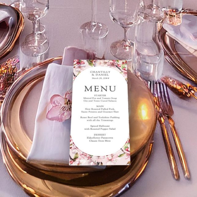 Eleganten för Blommar av körsbär Rosa Blommigt Brö Meny (Spring Wedding Menu from the Cherry Blossom wedding collection by Darling & May)