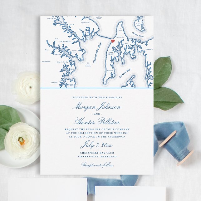 Eleganten för Chesapeake Bay Beach-Klubben Bröllop Inbjudningar (Chesapeake Bay Beach Club Wedding Invitation with Elegant Navy Blue Stevensville Maryland Map )