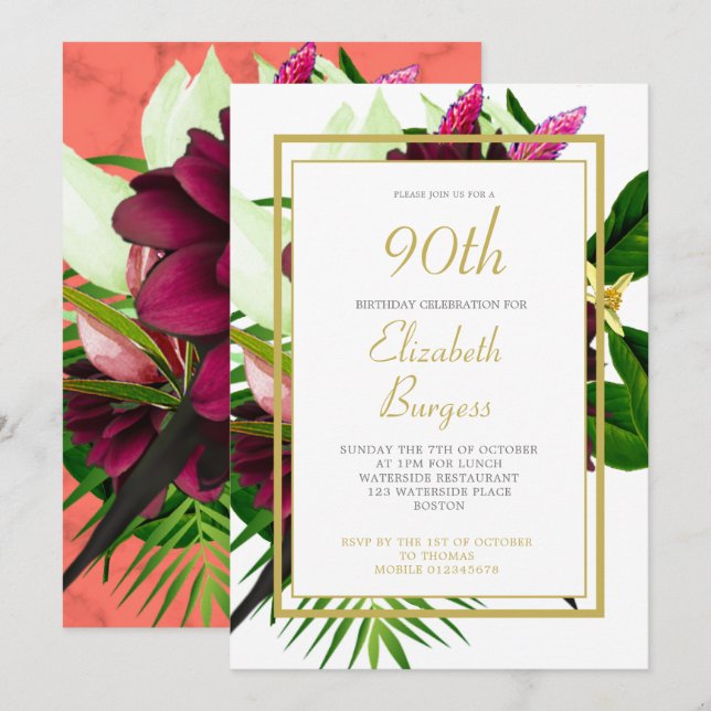 Eleganten för den 90:e Blommigten Guld Coral  Mode Inbjudningar (Fram/baksida)