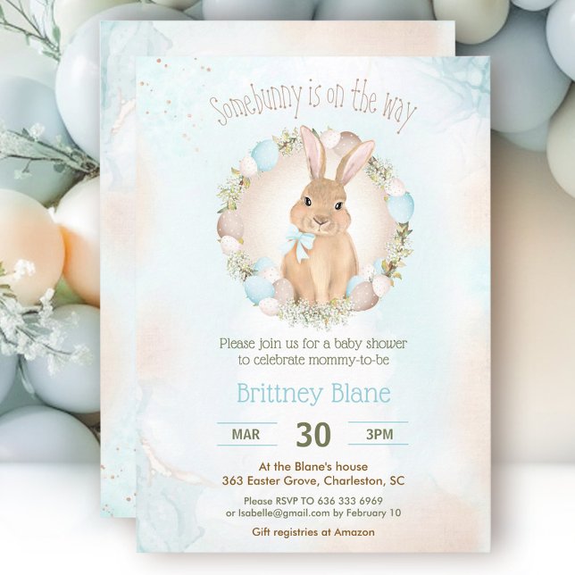Eleganten för den akuta Påskharn Blue Boy Baby Sho Inbjudningar (Cute Easter Bunny Elegant Blue Boy Baby Shower Invitation)