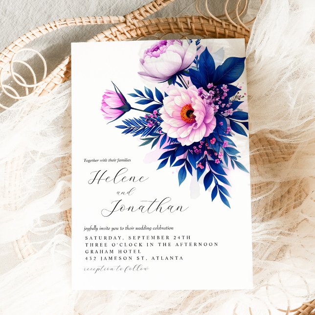 Eleganten för den blå Rosa Snyggt i Bröllop Inbjudningar (Cobalt Blue Pink Stylish Elegant Floral Wedding Invitation)