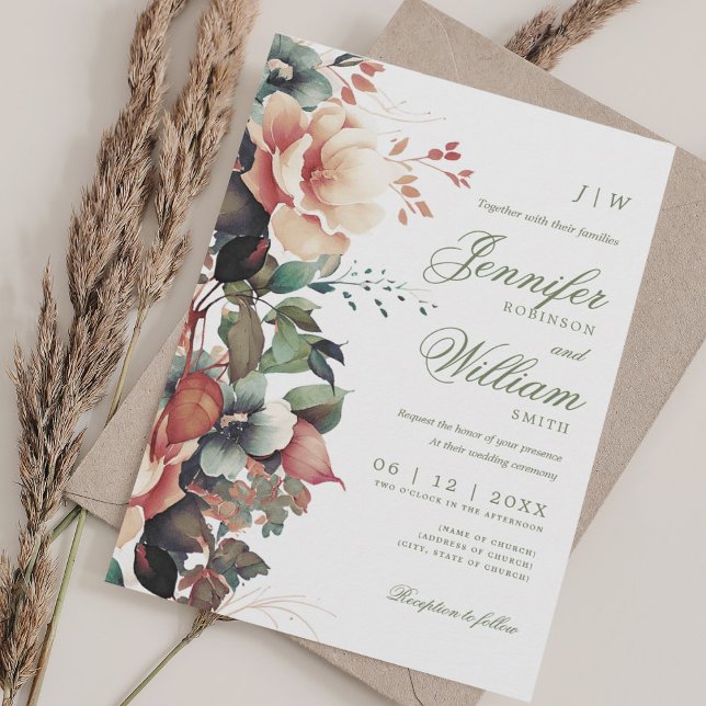 Eleganten för den bohemiska Blommigten faller höst Inbjudningar (Bohemian Floral Fall Autumn Wedding Elegant Invitation)