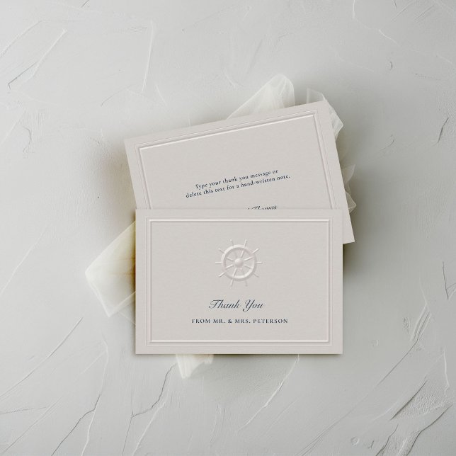 Eleganten för kustnära sjöbåtar (Helm) Simple Bröl Tack Kort (coastal wedding thank you card faux embossed nautical boat helm double frame modern classic elegant)