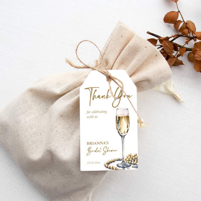 Eleganten för möhippa av pärlor och åklagarmyndigh presentetikett (Pearls and prosecco bridal shower elegant thank you favor gift tags pearls themed favors  tags)