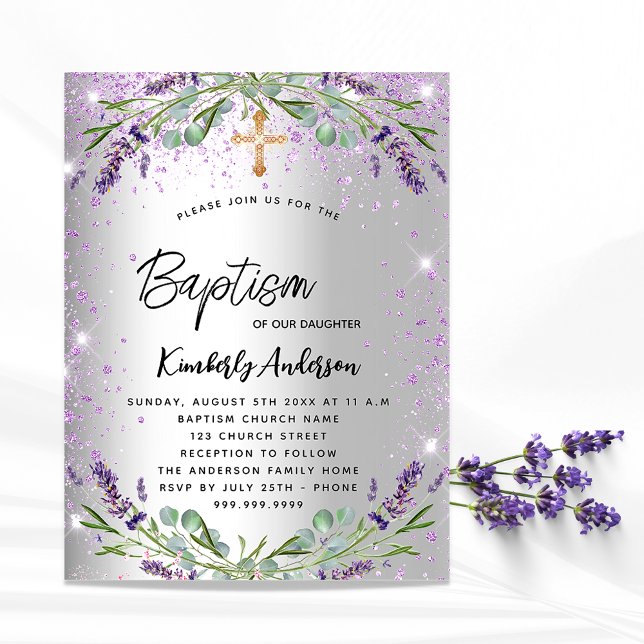 Eleganten för silver violetta sparkler i Baptism l Inbjudan Vykort (Skapare uppladdad)