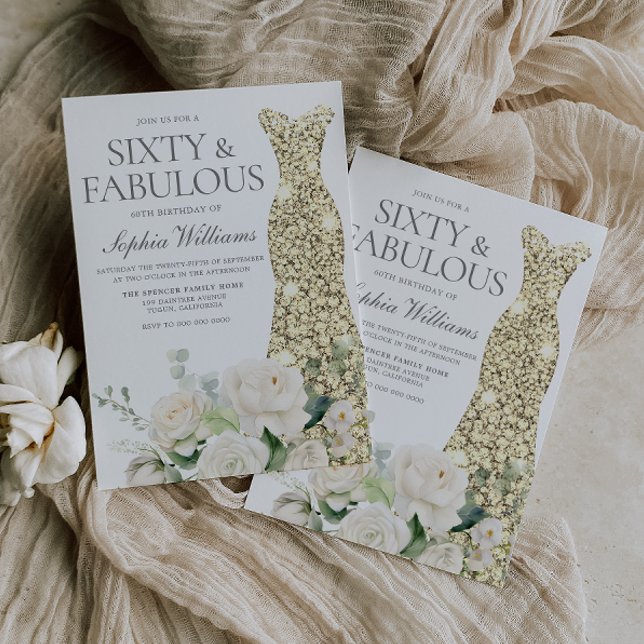 Eleganten för vita blommor i guld, 60:e födelsedag inbjudningar (Skapare uppladdad)