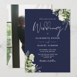 Eleganten Foto Bröllop i Navy Blue Greenery Löv  Inbjudningar