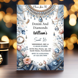 Eleganten Gem Bling Denim och Diamonds Sweet 16 Inbjudningar