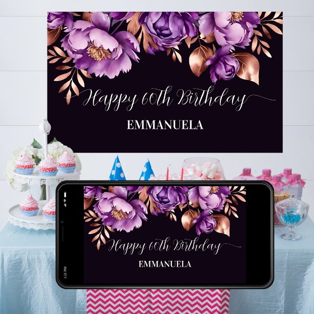 eleganten grattis på födelsedagen vid lila ro guld poster (Happy birthday banner elegant purple rose gold peonies  template poster digital download 60th 50th)