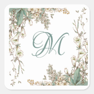 Eleganten Greenery Blommigt Garland Script Monogra Fyrkantigt Klistermärke