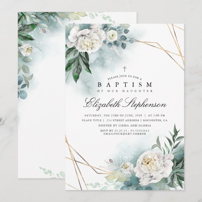 Eleganten Grey and White Flowers Modern Baptism Inbjudningar (Fram/baksida)