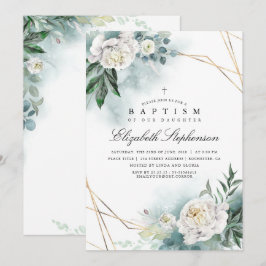 Eleganten Grey and White Flowers Modern Baptism Inbjudningar
