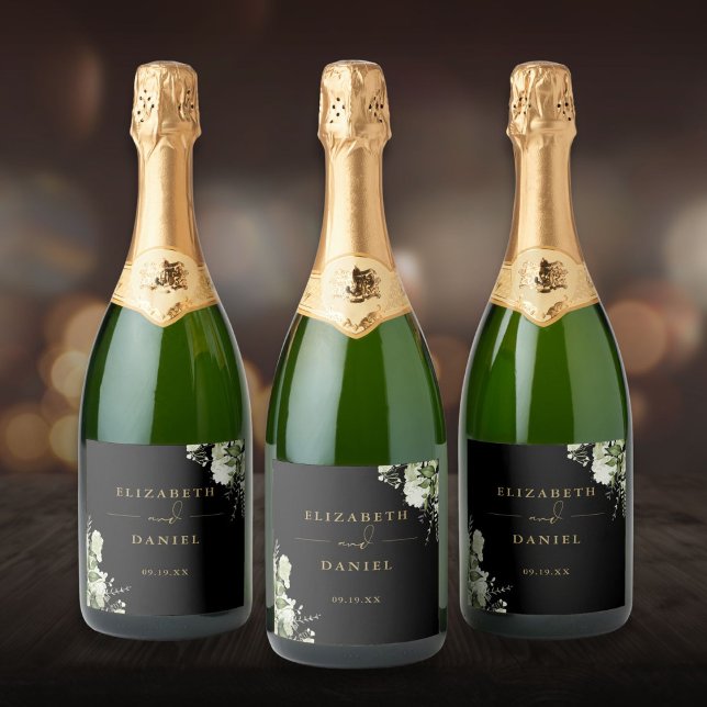 Eleganten Grey Blommigt Black och Guld Bröllop (Greenery Floral Elegant Black And Gold Wedding Sparkling Wine Label)