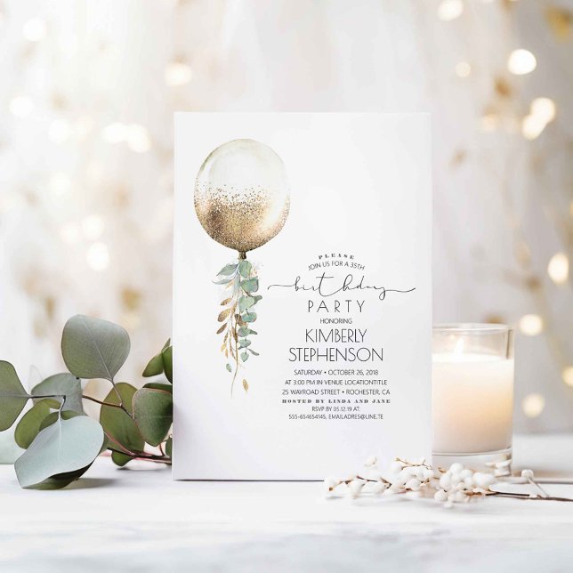 Eleganten Grey och Guld Glitter Balloon Inbjudningar (Greenery Balloon Birthday Invitations)