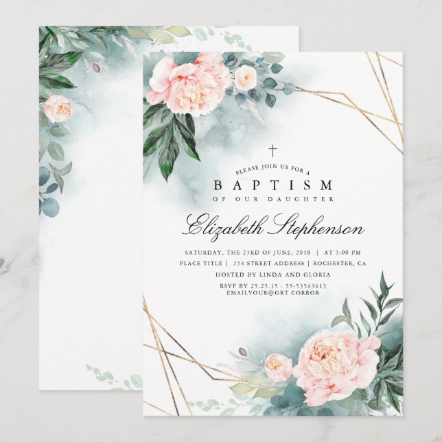 Eleganten Grey och Rosa Flowers Modern baptism Inbjudningar (Fram/baksida)