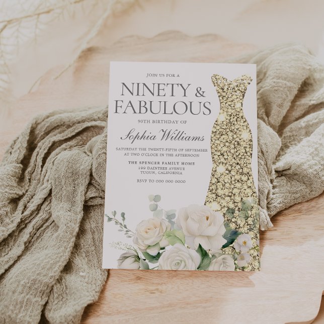Eleganten guld Gown White Flowers 90:e födelsedag Inbjudningar (Skapare uppladdad)