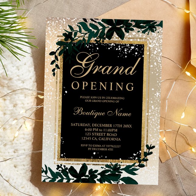 eleganten guld löv i snö vid jul - högtidligt öppn inbjudningar (gold leaf snow elegant Christmas grand opening Invitation)