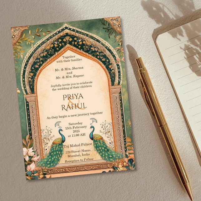 Eleganten Guld Peacock Indiska Bröllop Inbjudningar (green and gold indian wedding invitation with peacocks)