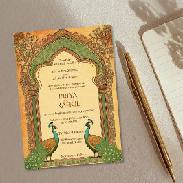 Eleganten Guld Peacock Indiska Bröllop Inbjudningar